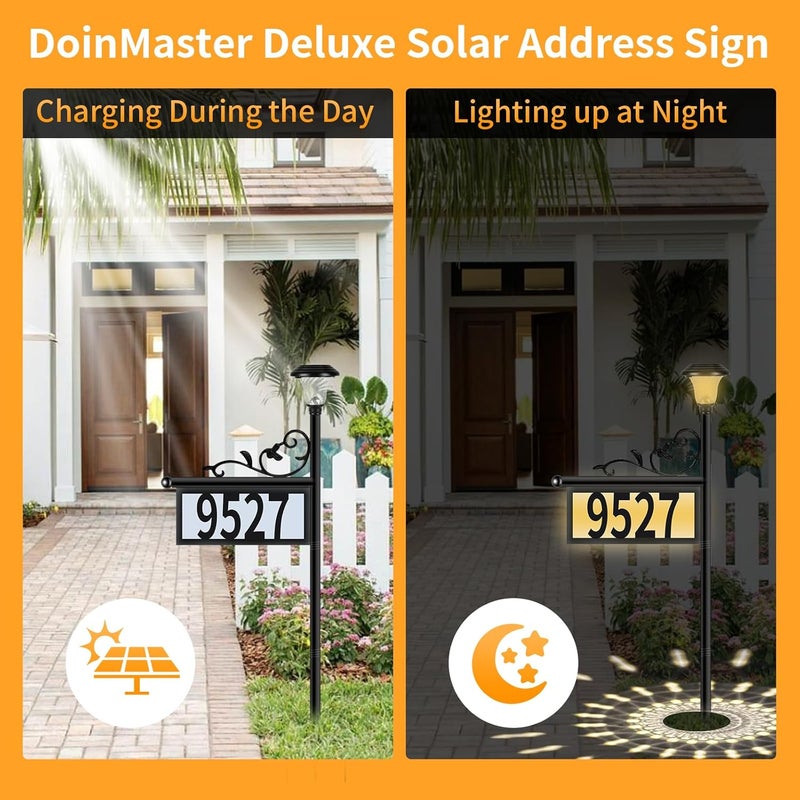 DoinMaster أرقام منزلية شمسية فاخرة من المعدن مع إضاءة بيضاء دافئة وباردة للخارج - 50 رقم قابل للتخصيص (من 0 إلى 9) ، لافتات عنوان شمسية للحديقة ، لوحات مضاءة LED مقاومة للعوامل الجوية - Image 5